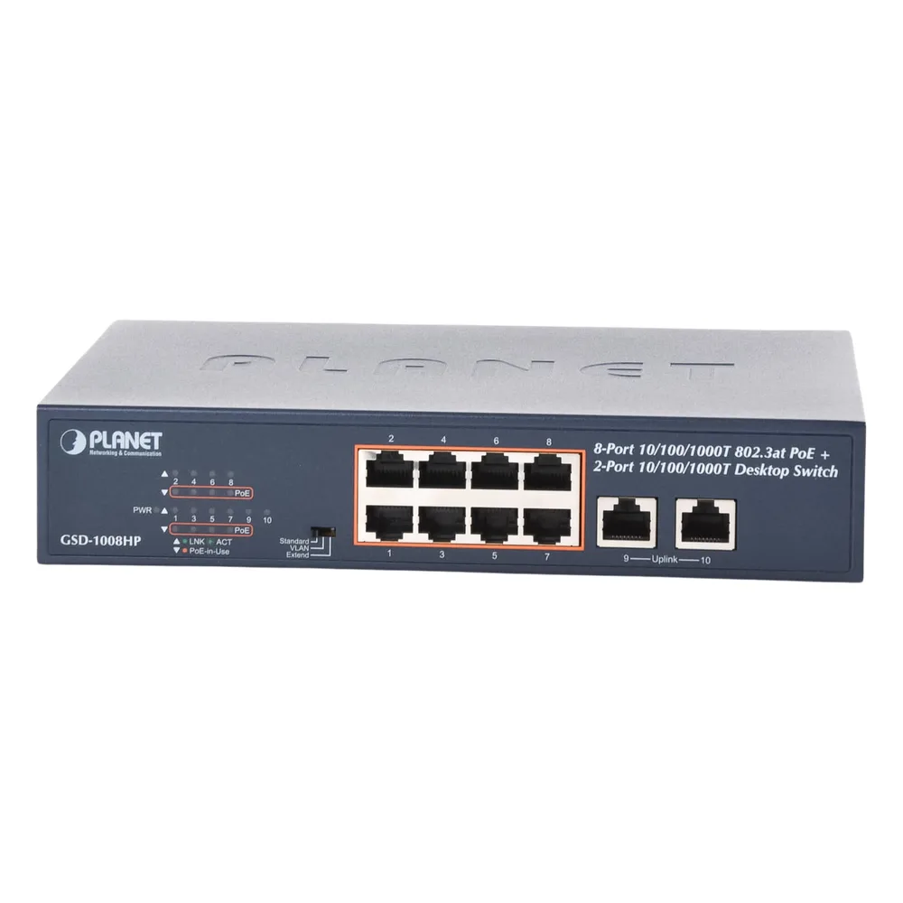 Switch de Escritorio No Administrable / 8 Puertos 10/100/1000T PoE+ 802.3at / 2 Puertos Uplink 10/100/1000T / Presupuesto PoE 120 Watts / Modos Estándar, VLAN y Extend / Distancia Extendida 250 mts / Rackeable – vista 5