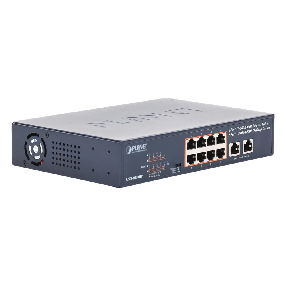 Switch de Escritorio No Administrable / 8 Puertos 10/100/1000T PoE+ 802.3at / 2 Puertos Uplink 10/100/1000T / Presupuesto PoE 120 Watts / Modos Estándar, VLAN y Extend / Distancia Extendida 250 mts / Rackeable – vista 6