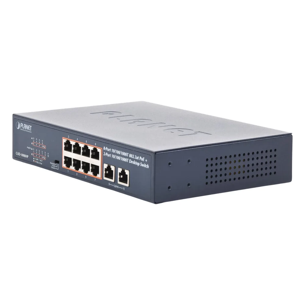 Switch de Escritorio No Administrable / 8 Puertos 10/100/1000T PoE+ 802.3at / 2 Puertos Uplink 10/100/1000T / Presupuesto PoE 120 Watts / Modos Estándar, VLAN y Extend / Distancia Extendida 250 mts / Rackeable – vista 7