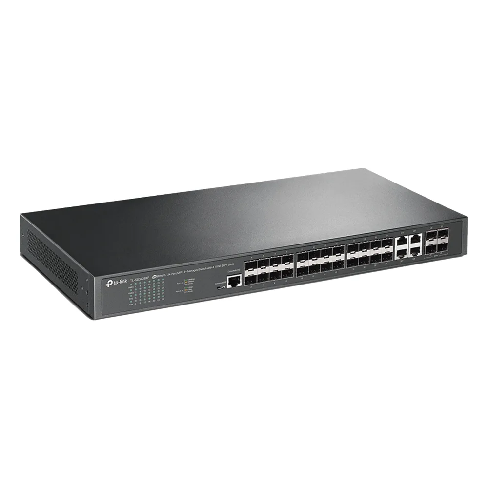 Switch de Fibra Óptica L2+ Omada / 24 puertos SFP 1GE / 4 Puertos Combinados SFP+/RJ45 Gigabit / 2 Puertos Consola RJ45|micro-SUB / Administración Centralizada Omada o Stand-Alone / Compatile con IPv6 /  Multicast IGMP