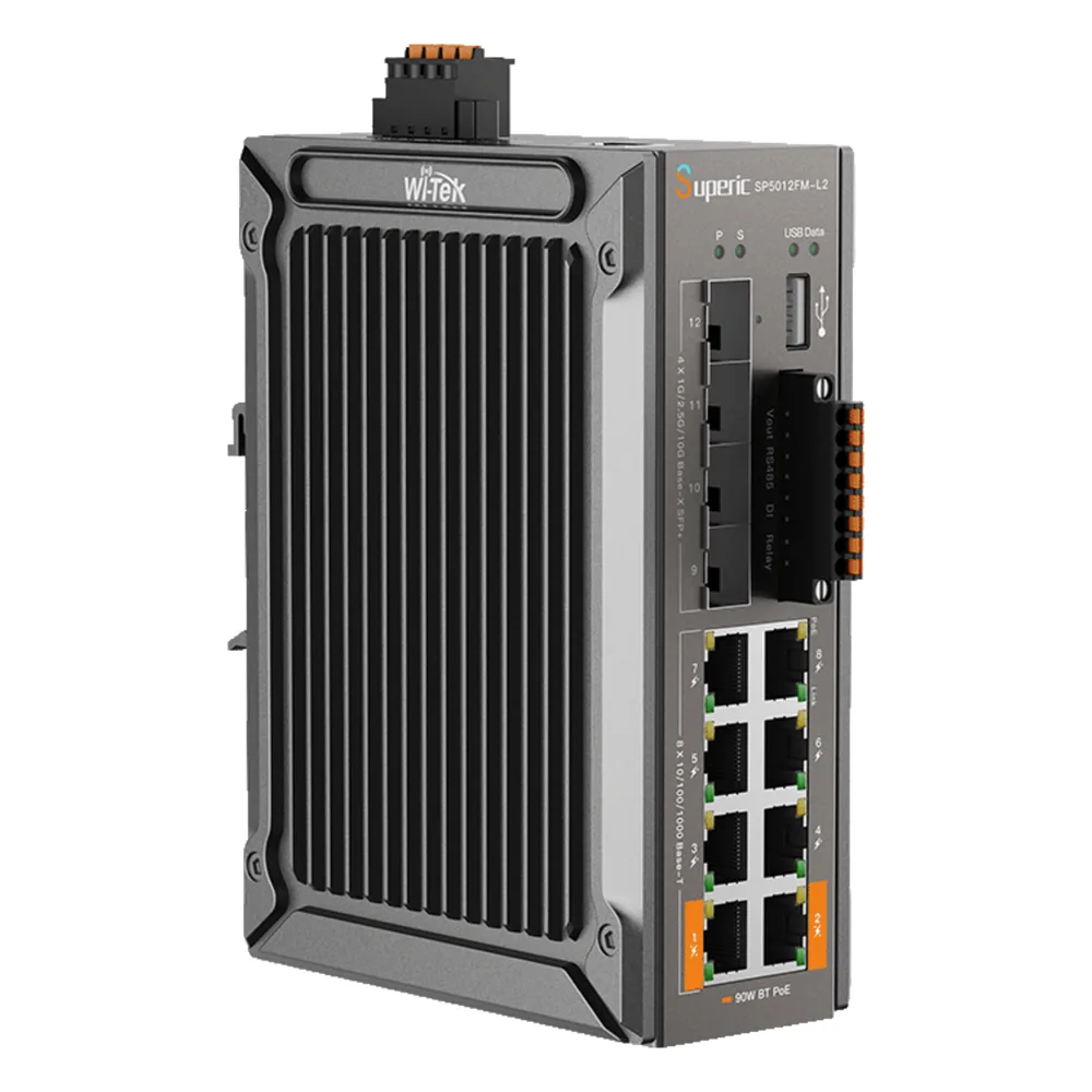 Switch de Red SP5012FM-L2 (V2) / 8 Puertos 10/100/1000Mbps PoE / 4 Puertos SFP 1000M/2.5G/10Gbps / Capacidad de Conmutación 96Gbps / Presupuesto PoE 240W / Alimentación Dual DC / Instalación DIN-rail, Pared o Escritorio / Certificaciones CE, FCC, RoHS, – vista 3