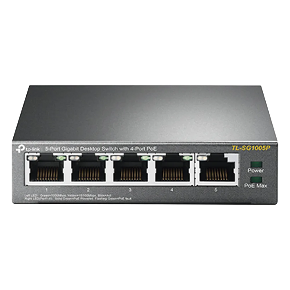 Switch Escritorio No Administrable de 5 puertos 10/100/1000 Mbps / Con 4 puertos PoE 802.3af/at de hasta 65 W / PoE Extendido hasta 250 metros