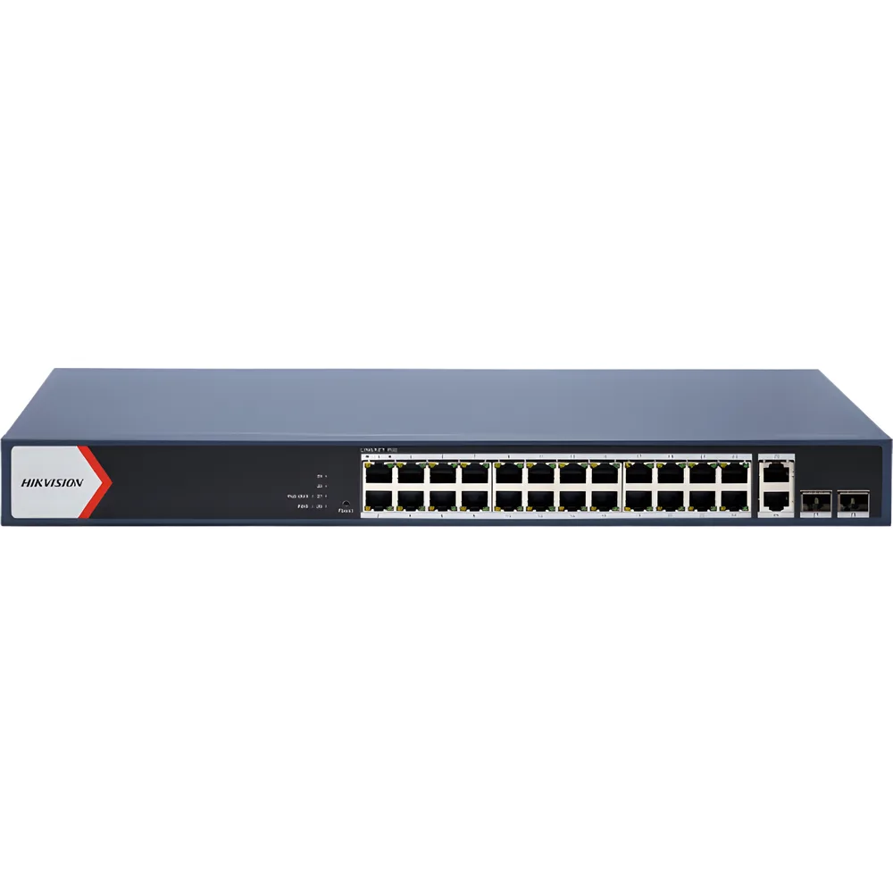 Switch Gigabit PoE+ / Administrable / 24 Puertos 1000 Mbps PoE+ / 2 Puertos 1000 Mbps Uplink  / 2 Puertos SFP Uplink / Configuración Nube Hik-Partner Pro / Modo Extendido hasta 300 Metros / 230 W – vista 2