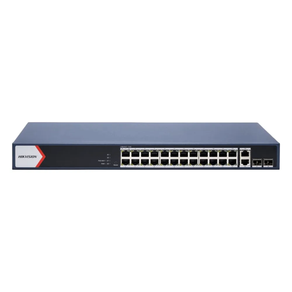 Switch Gigabit PoE+ / Administrable / 24 Puertos 1000 Mbps PoE+ / 2 Puertos 1000 Mbps Uplink / 2 Puertos SFP Uplink / Configuración Nube Hik-Partner Pro / Modo Extendido hasta 300 Metros / 230 W