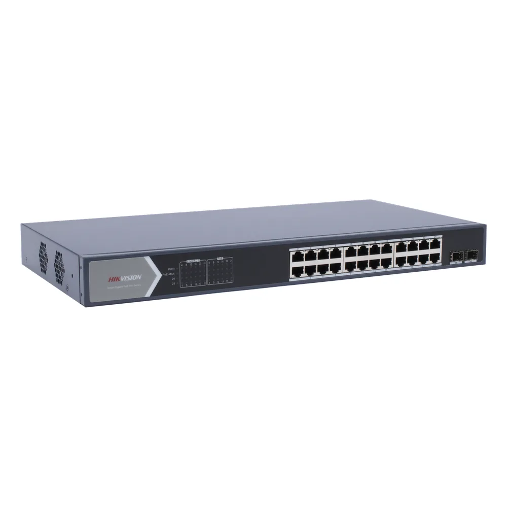 Switch Gigabit PoE+ / Administrable / 24 Puertos 1000 Mbps PoE+ / 2 Puertos SFP / Configuración Remota desde Hik-PartnerPro / PoE Extendido 250 Metros / 370 Watts – vista 2