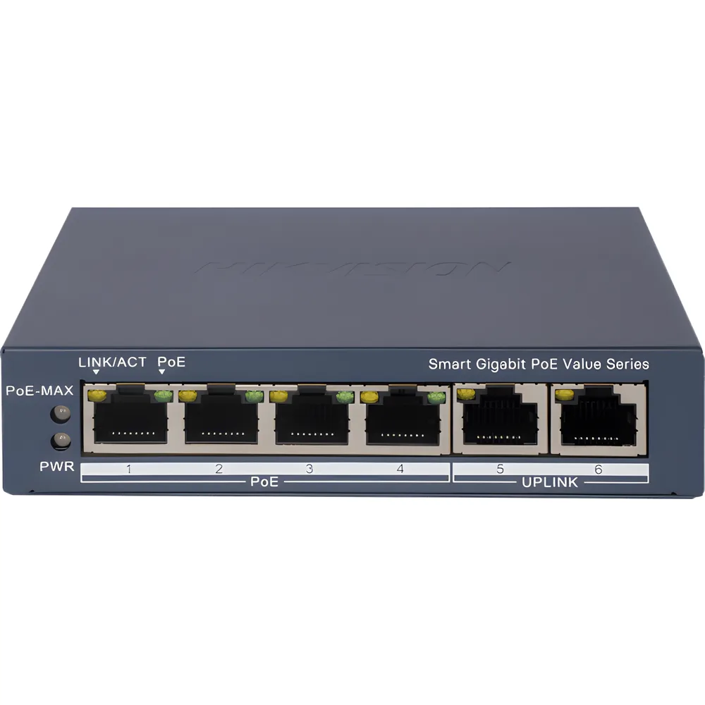 Switch Gigabit PoE+ / Administrable / 4 Puertos 1000 Mbps PoE+ / 2 Puertos 1000 Mbps Uplink / Configuración Nube Hik-PartnerPro / Modo Extendido hasta 300 Metros / 45 Watts – vista 2