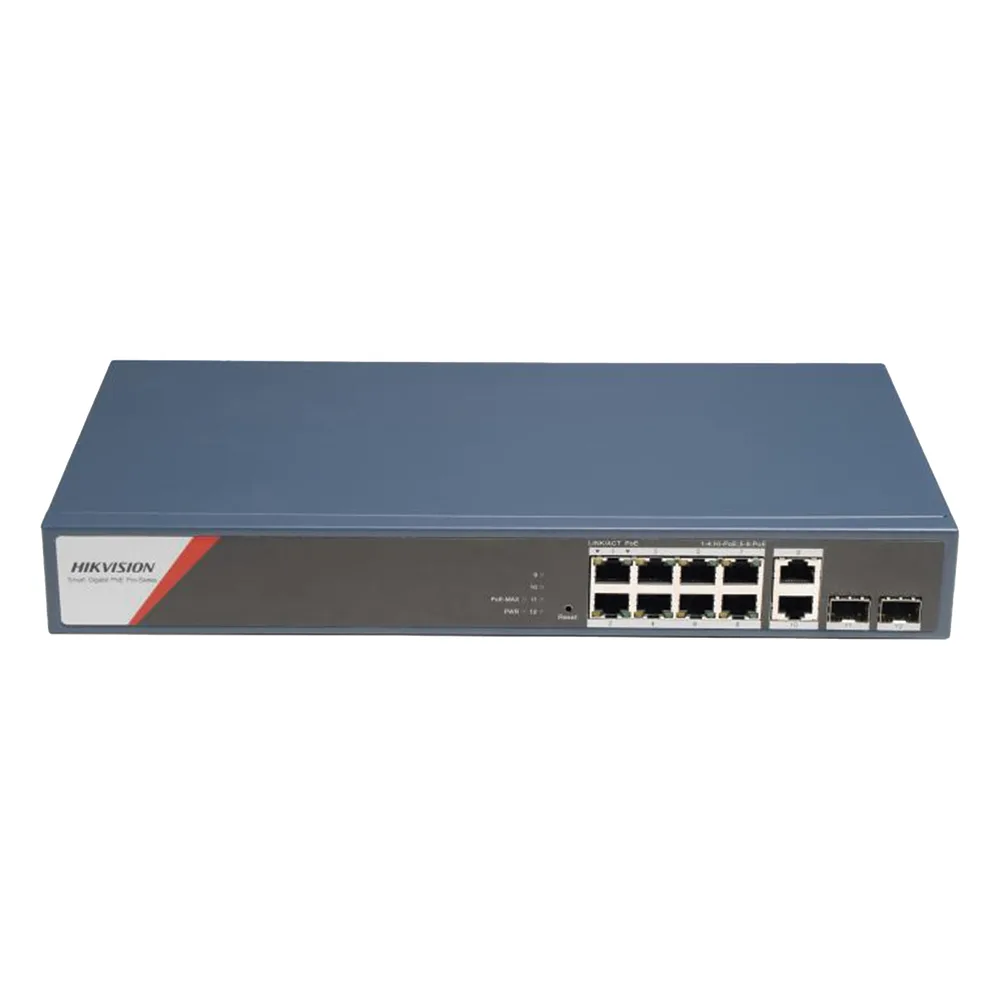 Switch Gigabit PoE+ / Administrable / 8 Puertos 1000 Mbps PoE+(4 Puertos PoE++ 90 W) / 2 Puertos 1000 Mbps de Uplink / 2 Puertos SFP / Configuración Nube Hik-PartnerPro / Modo Extendido hasta 300 Metros / 130 W