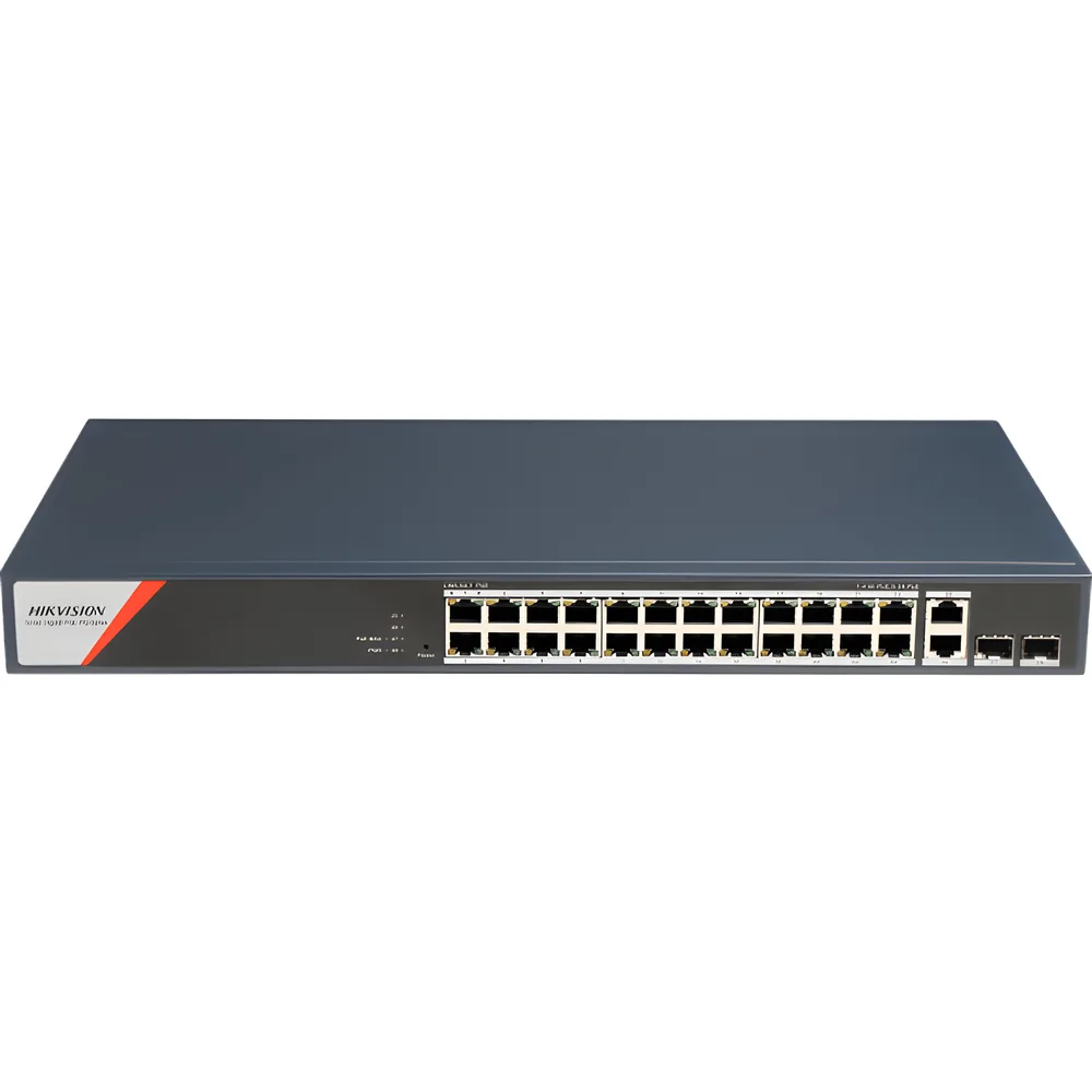 Switch Gigabit PoE+ / Industrial / Administrable / 24 Puertos 1000 Mbps PoE+ (4 Puertos PoE++ 90 W) / 2 Puertos 1000 Mbps de Uplink / 2 Puertos SFP / Configuración Nube Hik-PartnerPro / Modo Extendido hasta 300 Metros / 370 W – vista 2