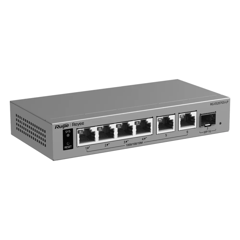 Switch Gigabit Smart Cloud Managed PoE+ / 7 Puertos (4 PoE+ 40 W) / 1 SFP Gigabit / Capa 2 / Gestión Cloud / Modo CCTV / Protección 6 kV / Fanless / Gabinete Metálico – vista 2