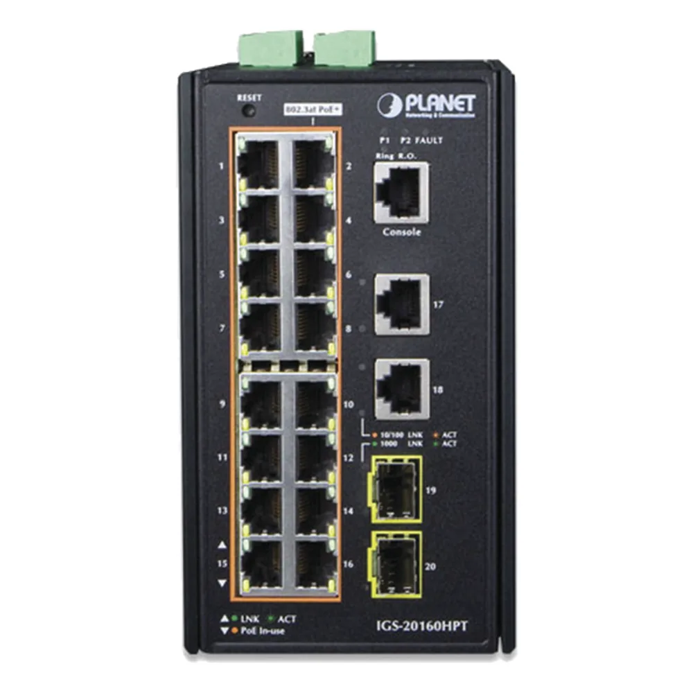 Switch Industrial Administrable 16 puertos 10/100/1000 T 802.3at PoE + 2 Puertos 10/100/1000 T + 2 puertos 100/1000 X SFP – vista 2