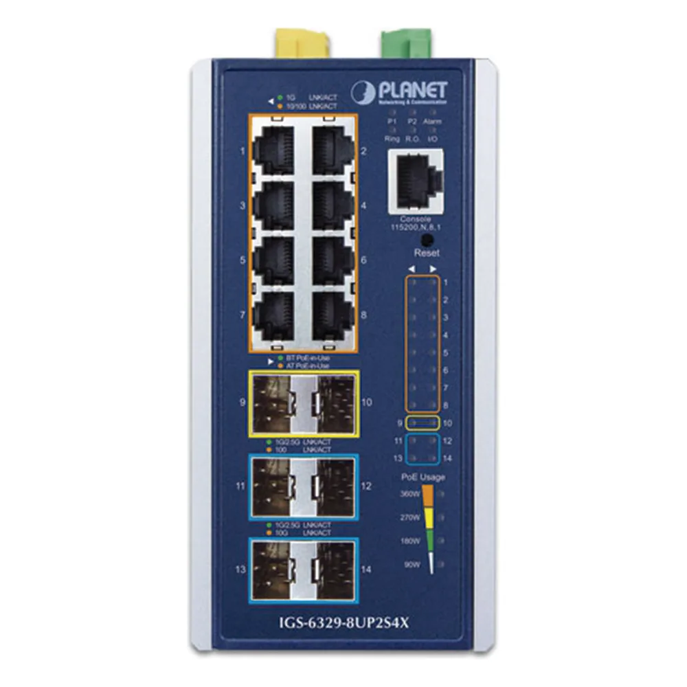 Switch Industrial Capa 3 de 8 Puertos 10/100/1000T PoE 802.3bt, 2 Puertos SFP 1 G/2.5 G, 4 Puertos SFP 10G, Instalación en Pared o Puerto DIN. – vista 2