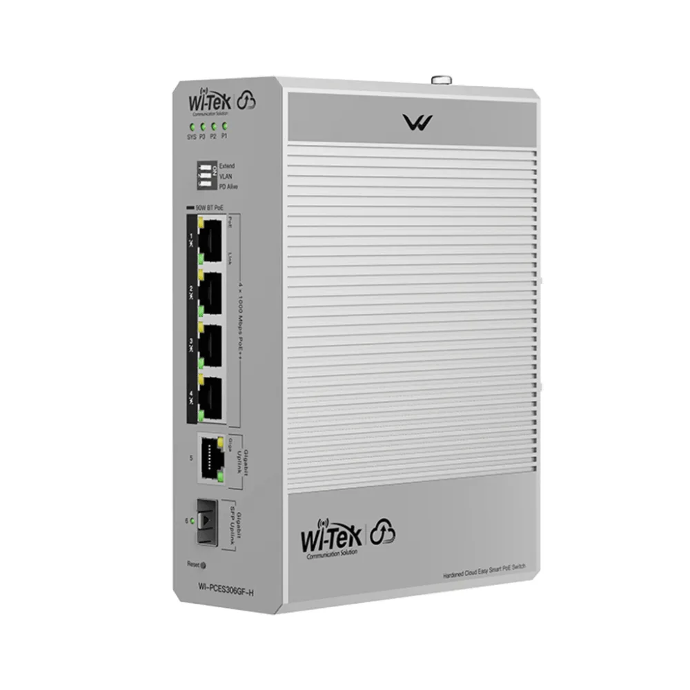 Switch Industrial PoE / 4 Puertos Gigabit PoE++ (802.3bt) / 1 Puerto Gigabit + 1 SFP / Alimentación DC 12-57V / Fanless / DIN-Rail / -30°C a 65°C / 55W-300W Budget PoE – vista 3
