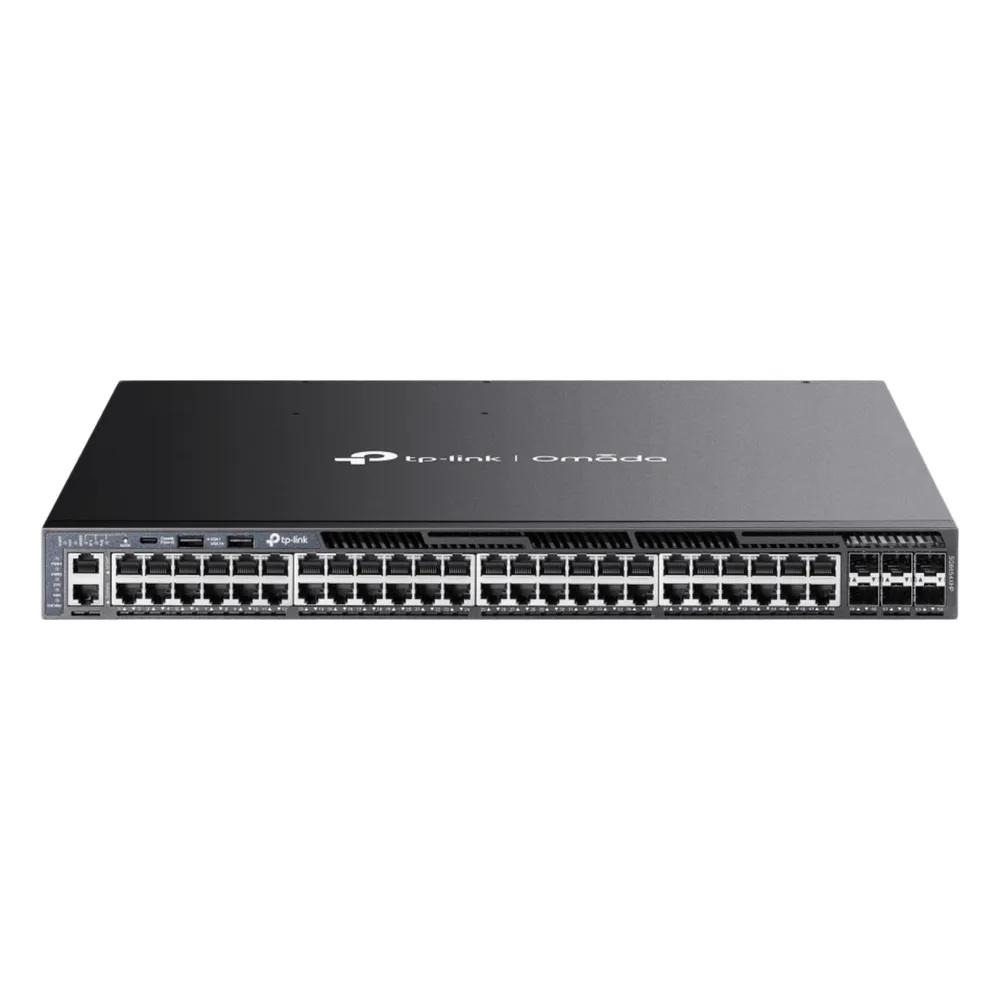 Switch L3 Gestionable Apilable / 48 Puertos Gigabit PoE+ / 6 Ranuras 10G SFP+ / Presupuesto PoE Hasta 1440W / Apilamiento Físico hasta 8 Unidades / Enrutamiento Dinámico OSPF / Gestión Cloud Omada SDN
