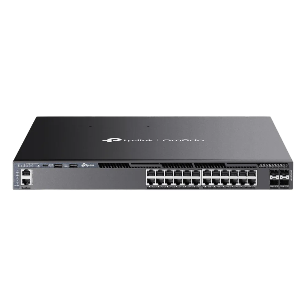 Switch L3 Gestionable PoE+ / 24 Puertos Gigabit / 4 Slots 10G SFP+ / Stackable / Presupuesto PoE 720W / Gestión Cloud Omada SDN / Redundancia de Alimentación