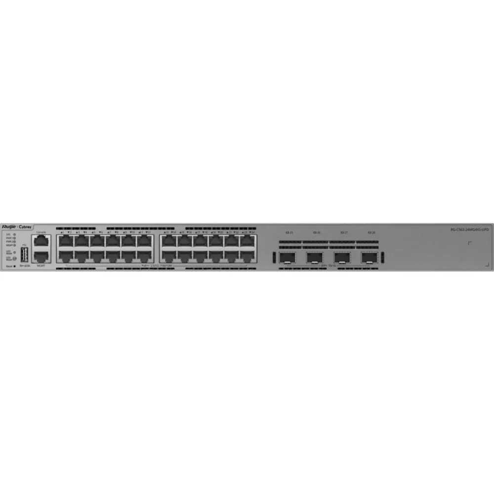 Switch Multi-GE Gestionable / 24 Puertos 2.5G PoE++ / 4 Puertos SFP+ 10G / Capacidad 200 Gbps / Enrutamiento Capa 3 / VSU / Protección Sobretensión 10 kV / Alimentación Redundante / Línea Cybrey – vista 2
