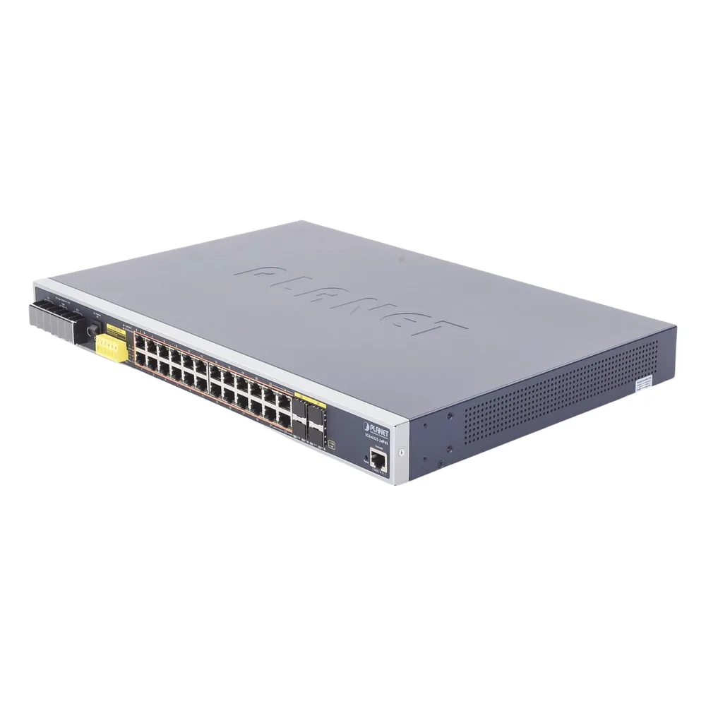 Switch PoE Industrial Capa 3, Con 24 Puertos PoE Gigabit 802.3af/at, 4 Puertos SFP Compartidos 100 / 1000X, Soporta temperaturas extremas de -40 ~ 75°C