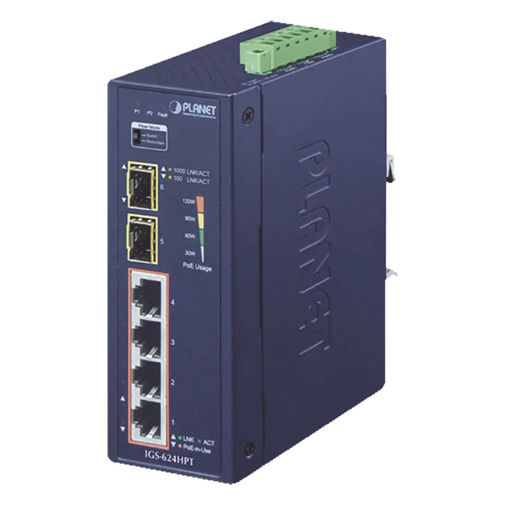 Switch PoE Industrial No Administrable de 4 Puertos PoE 10/100/1000T 802.3at, 2 Puertos SFP 10/1000X