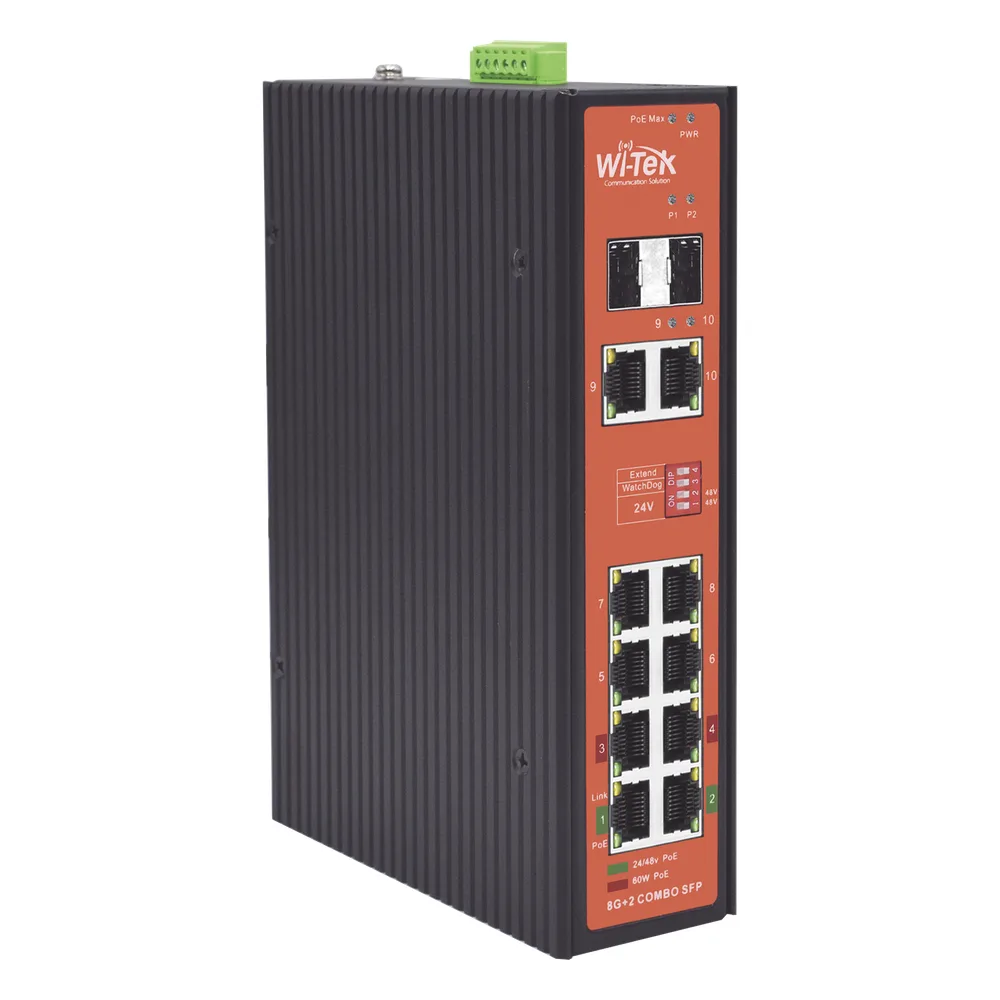 Switch PoE Industrial No administrable / Puertos 1-2 PoE 802.3 af/at y PoE 24 Vcc Pasivo 30W / Puertos 3-4 PoE 802.3 af/at/bt Hasta 60W / Puertos 5-8 PoE 802.3 af/at Hasta 30W / Los 8 puertos son Gigabit + 2 SFP combo / Presupuesto 300W