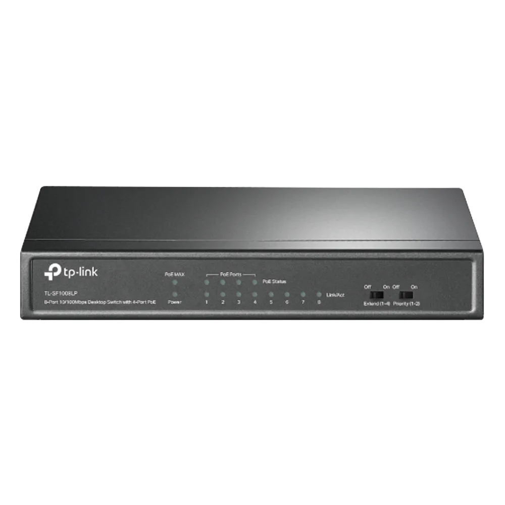 Switch PoE No Administrable de Escritorio / 8 puertos 10/100 Mbps / 4 puertos PoE af / Presupuesto 41 W / Modo extensor PoE hasta 250 metros / Calidad video prioritaria – vista 2