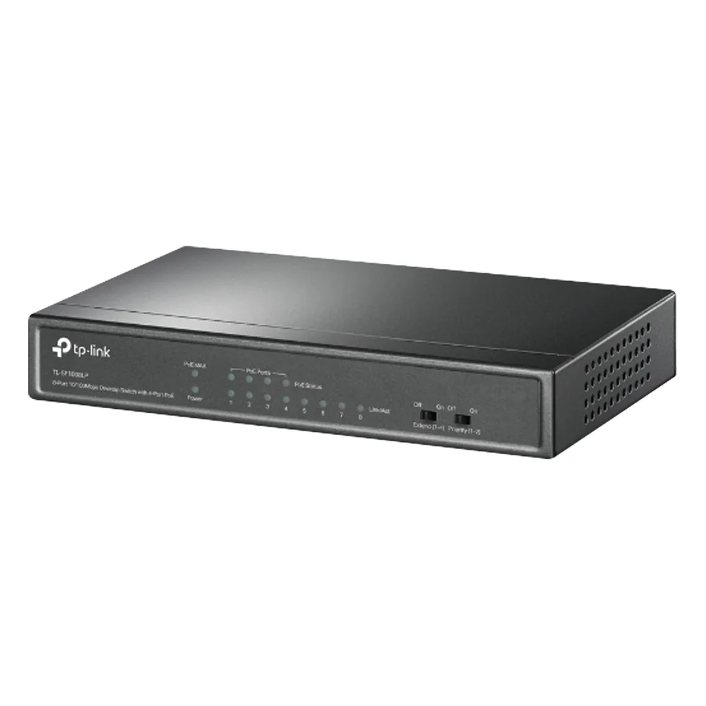 Switch PoE No Administrable de Escritorio / 8 puertos 10/100 Mbps / 4 puertos PoE af / Presupuesto 41 W / Modo extensor PoE hasta 250 metros / Calidad video prioritaria