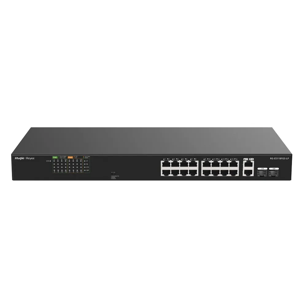 Switch PoE+ no Administrable, Hasta 120 Watts, Ideal para CCTV, 16 Puertos PoE +10/100, 2 Uplinks Gigabit y 2 SFP COMBO