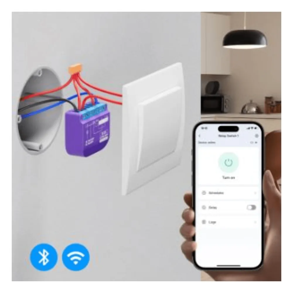 Switch Relevador Inteligente conectividad inalambrica Wifi y BLE / Salida Contacto Seco / Compatible con asistentes de voz / Dimensiones 42x36x16 mm – vista 3
