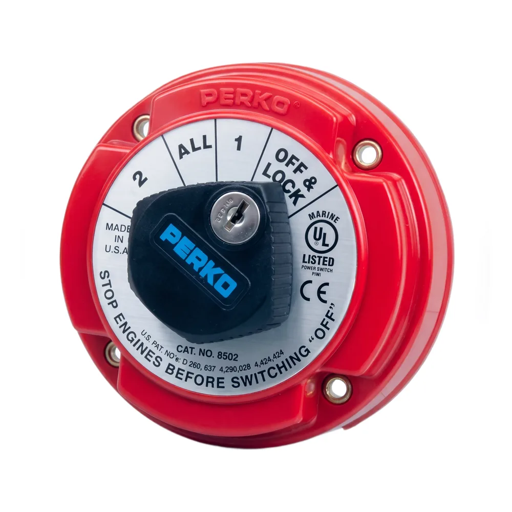 Switch Selector de Batería Marina PERKO 8502 con Llave / 250A Continuos 360A Intermitentes / 6-32 VCC / Selector 1-2-Both-Off / Bloqueo con Llave / Encendido Protegido