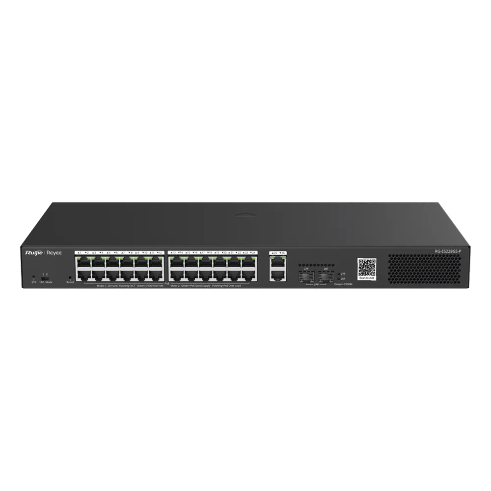 Switch Smart PoE con 24 puertos Gigabit PoE 802.3af/at + 2 SFP para fibra 1Gb, gestión gratuita desde la nube, 370w