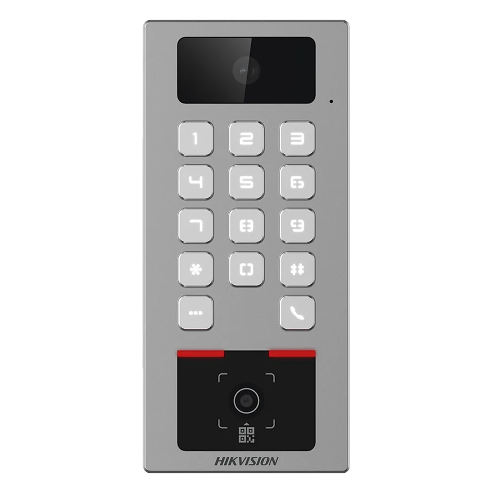 Teclado con Lector Físico de QRs para Exterior Antivandálico IP65 & IK09 con función de Videoportero Multiapartamento / Tarjeta, Código QR, PIN o App HikConnect / Cámara 2 MP compatible con NVRs / Soporta b