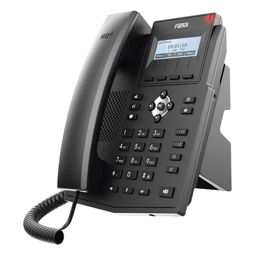 Teléfono IP empresarial para 2 lineas SIP con pantalla LCD,  Puertos Gigabit, Códec Opus, conferencia de 3 vías, PoE. – vista 3