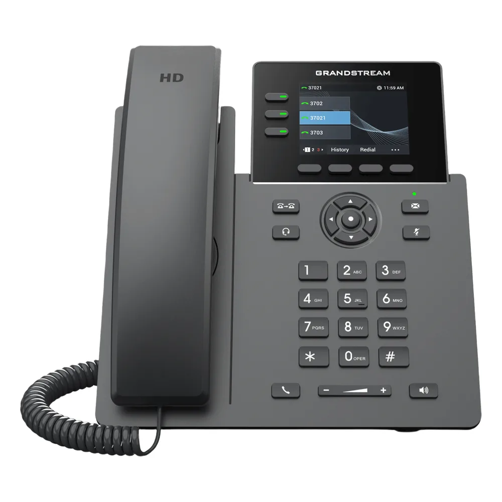 Teléfono IP Grado Operador / 3 Líneas / 12 Botones Virtuales Multiuso / Pantalla LCD 2.8 Pulgadas / Puertos Gigabit con PoE / Audio HD / Compatible con GDMS