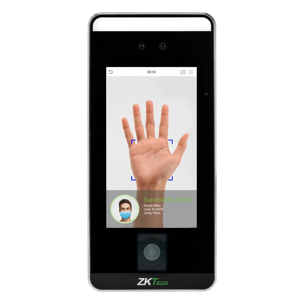 Terminal Biométrico de Reconocimiento Facial / QR Code / Palm Vein / Detección de Mascarillas / Touchless / 5" Touch Screen / 6000 Plantillas Faciales / 3000 Plantillas Palma / WiFi Opcional