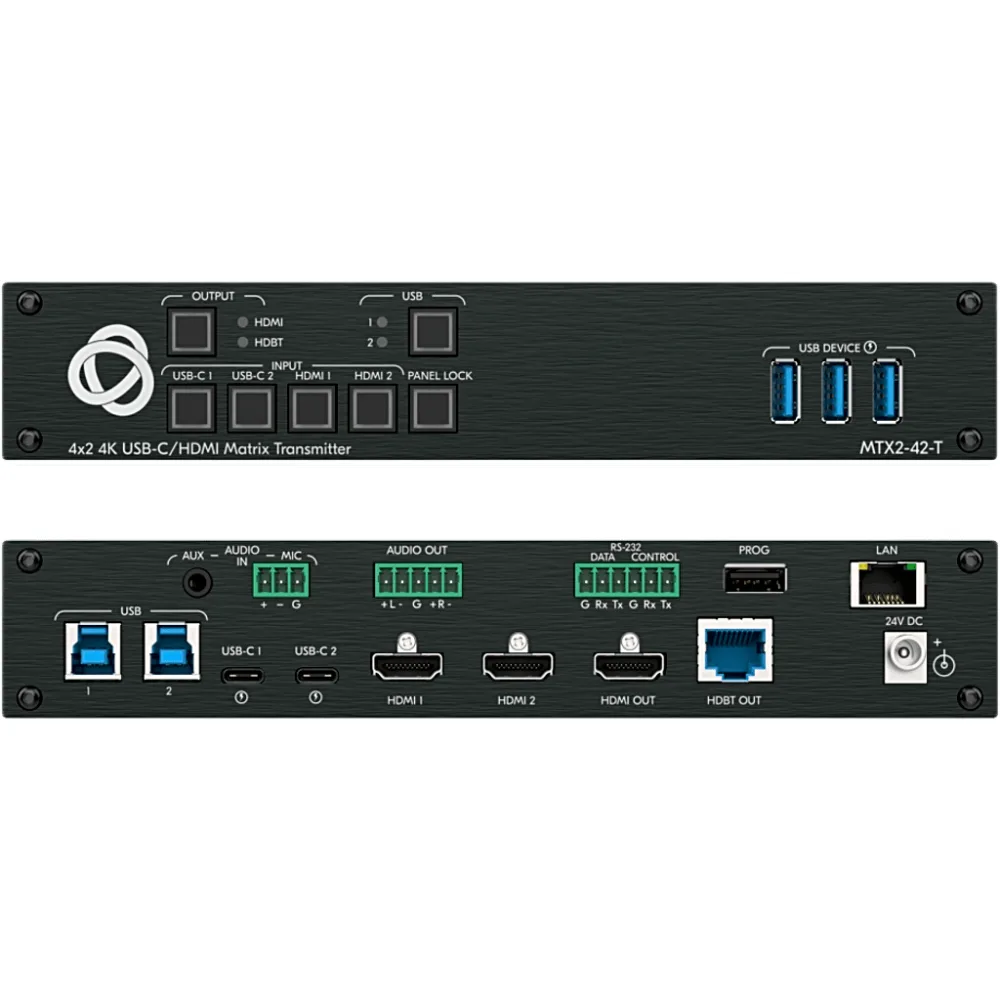 Transmisor Matricial Integrado | 2 Entradas USB-C y 2 HDMI/USB | Salidas HDMI y HDBaseT | USB 2.0 sobre HDBT | DSP de Audio Integrado | HDCP 2.2 | 4K60 18 Gbps | Carga USB-C hasta 60 W | Extensión hasta 70 m (230 ft) | Montaje Bajo Mesa o Podio