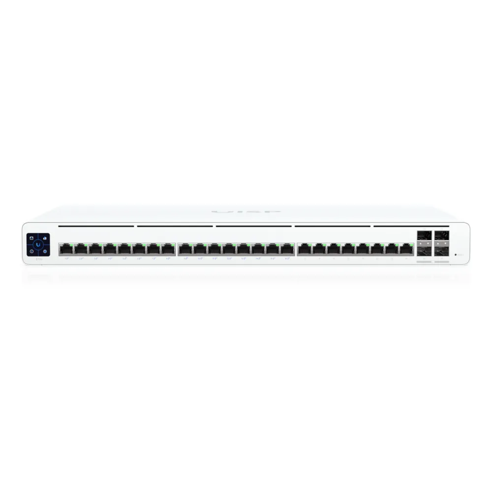 UISP Switch Pro – Switch PoE de 220 W (27 V) con 24 Puertos GbE, 16 Puertos PoE Pasivo 27 V y 4 Puertos SFP+ 10G – vista 2