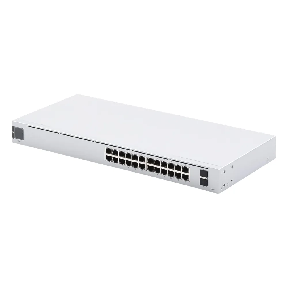 UniFi Switch USW-24, Capa 2 de 24 puertos 10/100/1000 Mbps + 2 puertos 1G SFP, pantalla informativa – vista 3