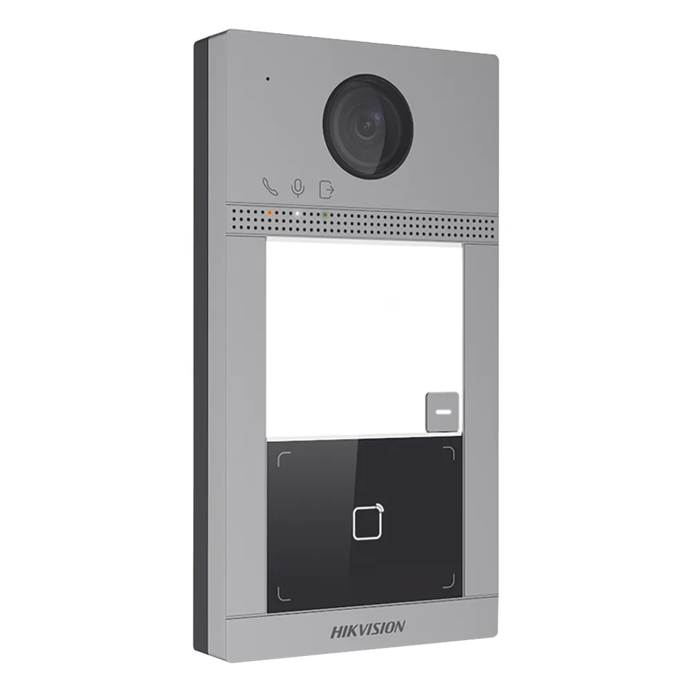 Videoportero IP 2 Megapixel / Llamada y Apertura Remota desde App Hik-Connect / PoE / Exterior IP65 + Antivandalico IK08 / 1 Departamento / Apertura con Tarjeta / Soporta 2 Puertas y hasta 6 Monitores