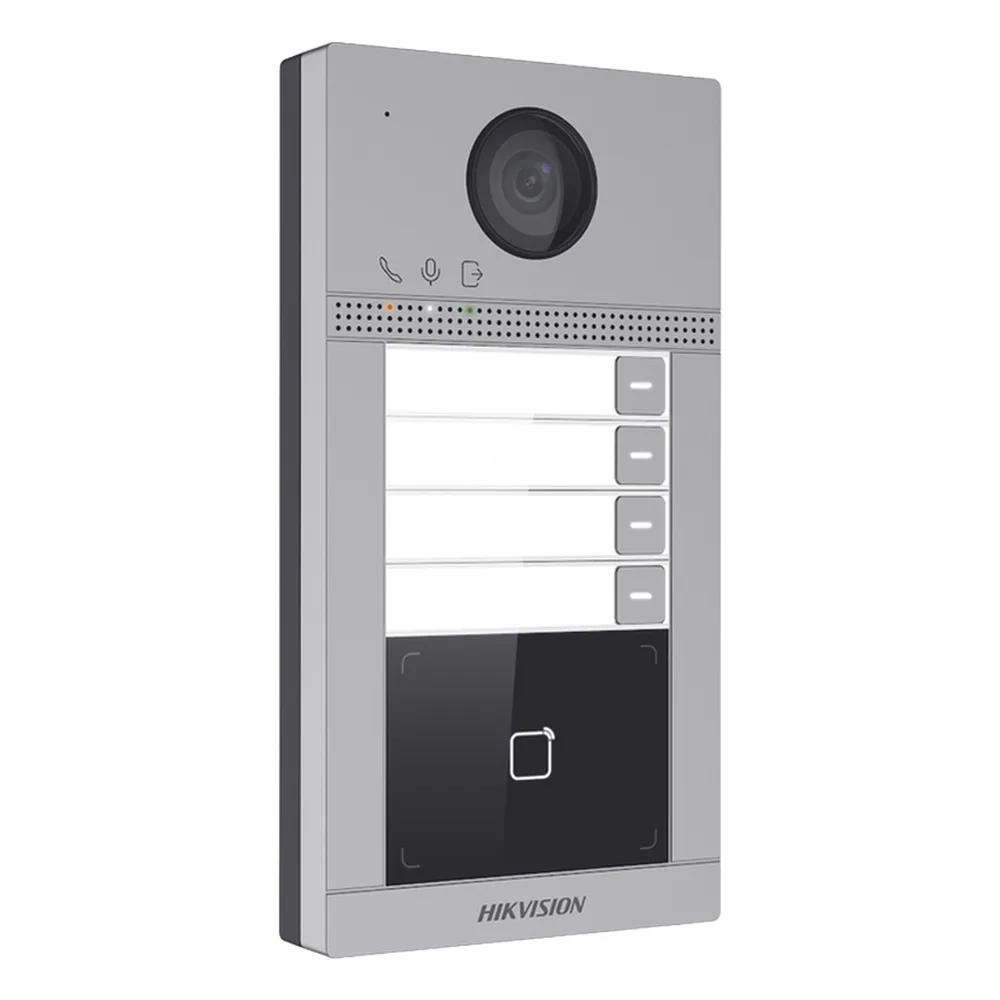 Videoportero IP 2 Megapixel / Llamada y Apertura Remota desde App Hik-Connect (Requiere monitor )/ PoE / Exterior IP65 + Antivandalico IK08 / 4 Departamento / Apertura con Tarjeta / Soporta 2 Puertas y hasta 6 Monitores
